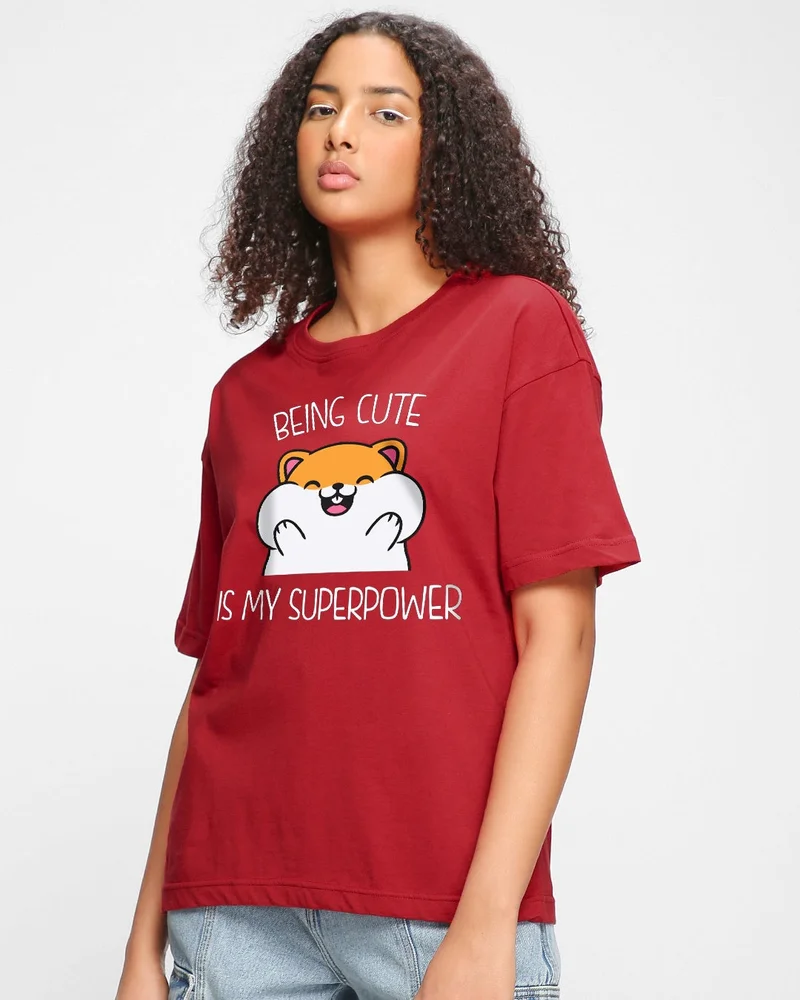bewakoof Women's Red Being Cute Is My Superpower Graphic Printed Oversized T-shirt