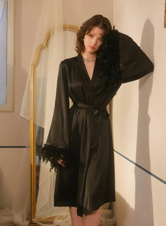 Take Two Black Feather Trim Satin Robe