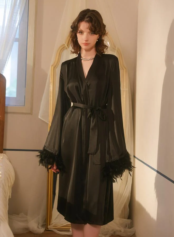 Take Two Black Feather Trim Satin Robe