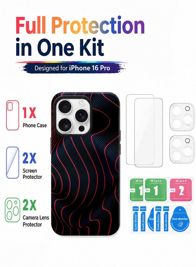مافي مجموعة حماية 5 في 1 لهاتف iPhone 16 Pro - جراب مزدوج الطبقات مقاوم للصدمات (طبقة داخلية من مادة TPU + طبقة خارجية من مادة PC) مع واقيين للشاشة فائق الوضوح وواقيين شفافين لعدسة الكاميرا - حماية كاملة ضد الصدمات، غطاء هاتف مقاوم لبصمات الأصابع والعرق مع أزرار مستقلة - Image 4
