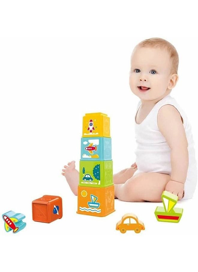 BAYBEE - Stacking Blocks For Kids Stacking Puzzle Block With 5 Blocks 3 Transport Shape Matching Blocks Early Learning Educational Toy Sorting Stacking Blocks For Toddlers 1 2 3 Years Boy Girl - Image 1