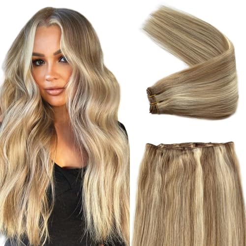 Licoville Weft Hair Extensions Real Human Hair Bundles Highlight Blonde Sew in Hair Extensions 18 Inch 100G Soft Natural Beige Blonde and Platinum Highlights Human Hair Weft Weave Bundles for Women - Image 1
