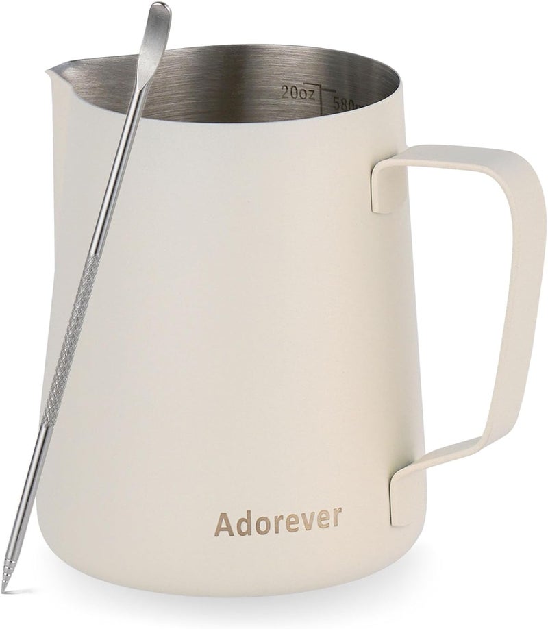 Adorever Milk Frothing Pitcher, 600ml/20oz Steaming Pitchers Stainless Steel Milk Coffee Cappuccino Latte Art Barista Steam Pitchers Milk Jug Cup with Decorating Art Pen, Matte White Spec compliant trusted quality - Image 1