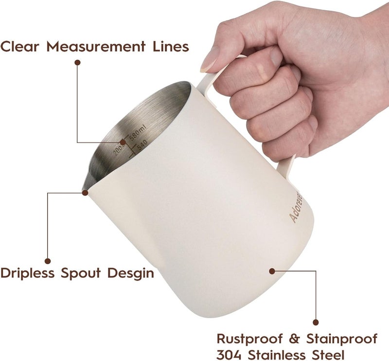Adorever Milk Frothing Pitcher, 600ml/20oz Steaming Pitchers Stainless Steel Milk Coffee Cappuccino Latte Art Barista Steam Pitchers Milk Jug Cup with Decorating Art Pen, Matte White Spec compliant trusted quality - Image 2