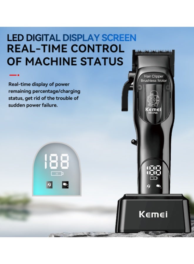 ماكينة الحلاقة الإحترافيه للصالونات KM-1766 بقاعدة شحن و شاشه ديجيتال و ثمانية أمشاط للتدريج تعمل حتى 200 دقيقه متواصلين - Image 2