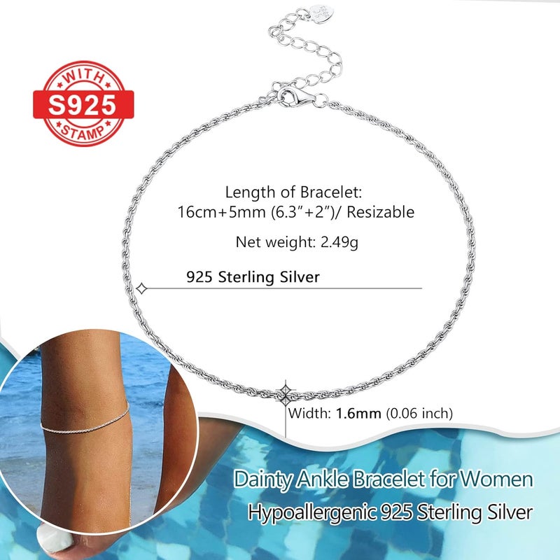PROSILVER 925 Sterling Silver Ankle Bracelets For Women, Stylish Chain Anklets, Summer Beach Jewelry, 8.6-10.6 Inch Adjustable, Come with Box - Image 4