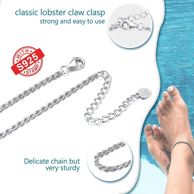 PROSILVER 925 Sterling Silver Ankle Bracelets For Women, Stylish Chain Anklets, Summer Beach Jewelry, 8.6-10.6 Inch Adjustable, Come with Box - Image 5