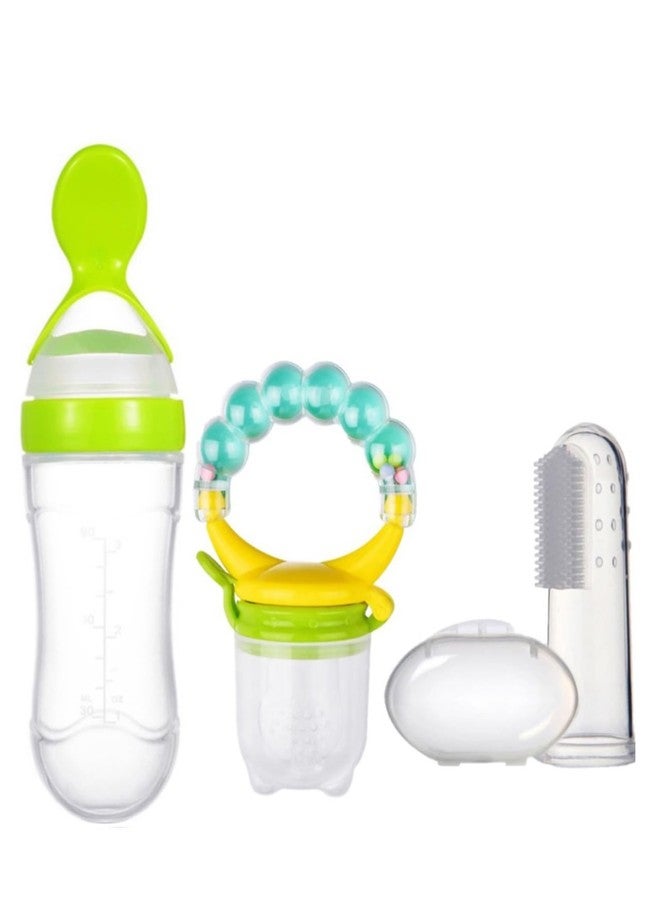 Joy Buzz Baby Feeding Product | Silicone Squeezy Food Feeder Bottle with Spoon & Finger Toothbrush for (Pack of 3, Green-2) - Image 1
