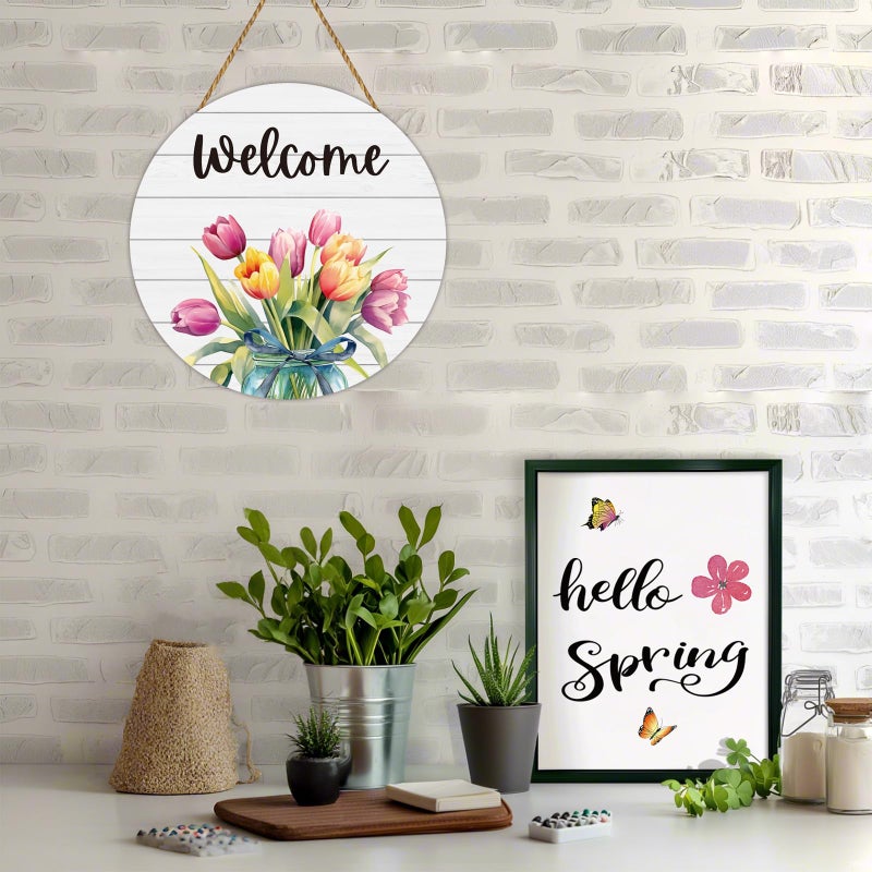 YUNKKIN Spring Decorations for Home Spring Door Decor Mason Jar Tulip Wall Decor Wooden Tulip Wreaths for Front Door Hanger Welcome Sign for Porch Wall Indoor Home Decor (Tulip) - Image 4