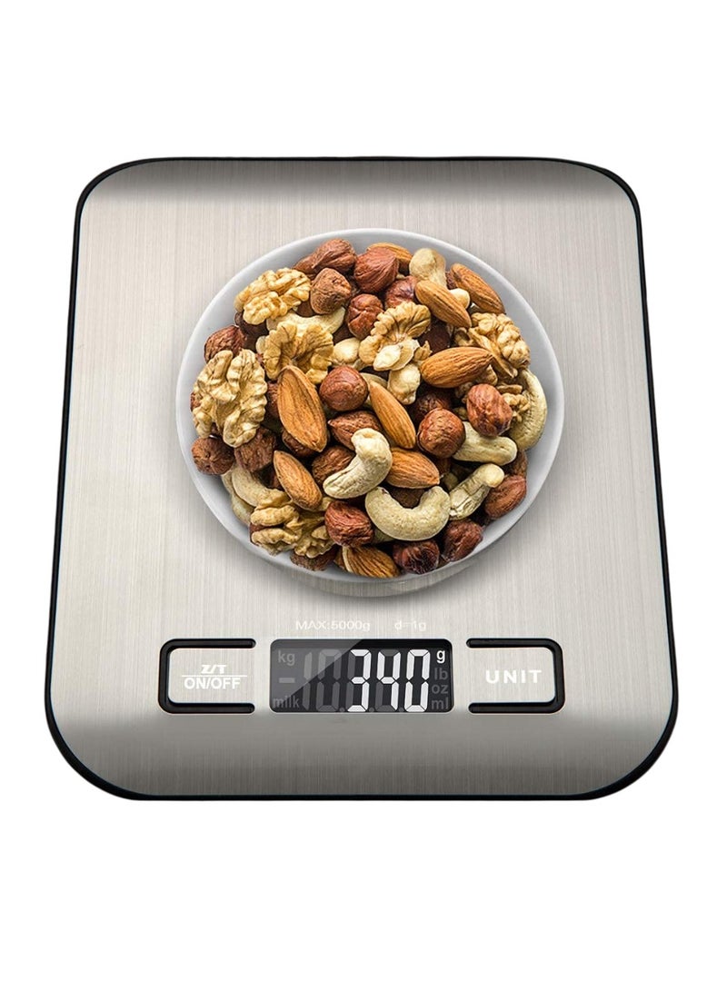 Space Digital Food Scale, High Precision Kitchen Scale, Measures in Grams and Ounces for Cooking and Baking, 5 Units with Tare Function, Stainless Surface, Rechargeable - Silver - Image 1