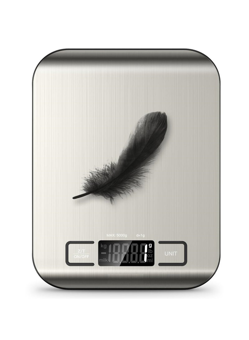 Space Digital Food Scale, High Precision Kitchen Scale, Measures in Grams and Ounces for Cooking and Baking, 5 Units with Tare Function, Stainless Surface, Rechargeable - Silver - Image 2