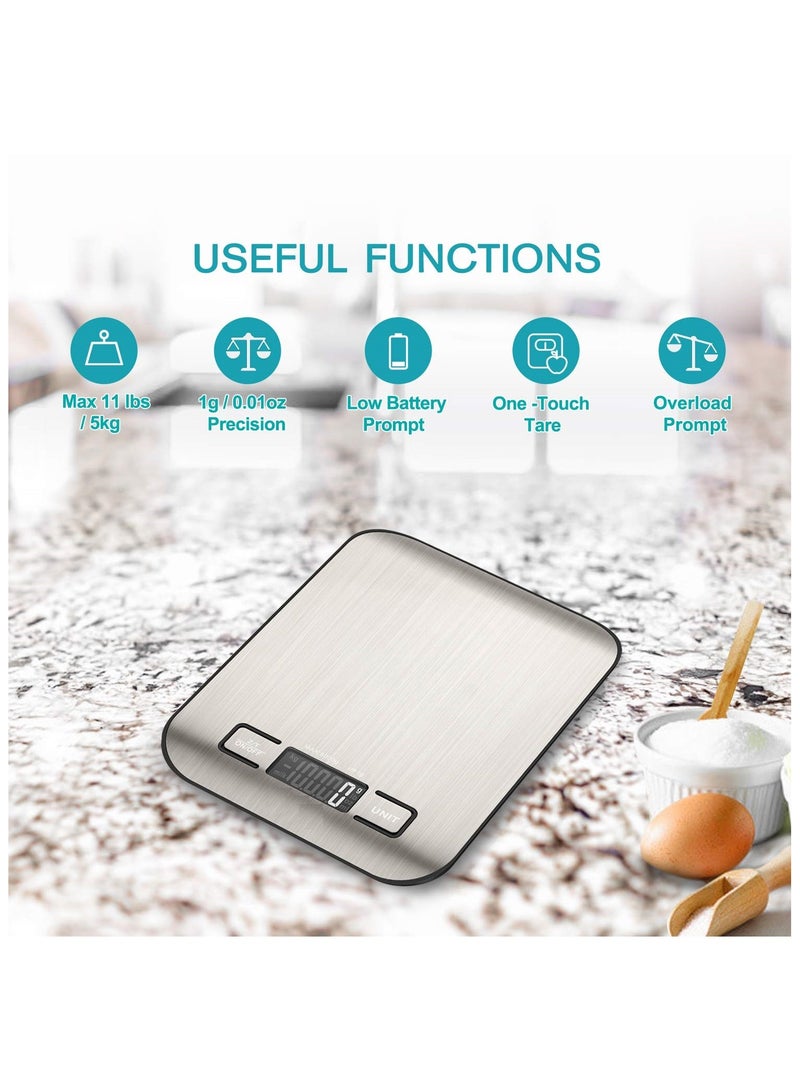 Space Digital Food Scale, High Precision Kitchen Scale, Measures in Grams and Ounces for Cooking and Baking, 5 Units with Tare Function, Stainless Surface, Rechargeable - Silver - Image 4