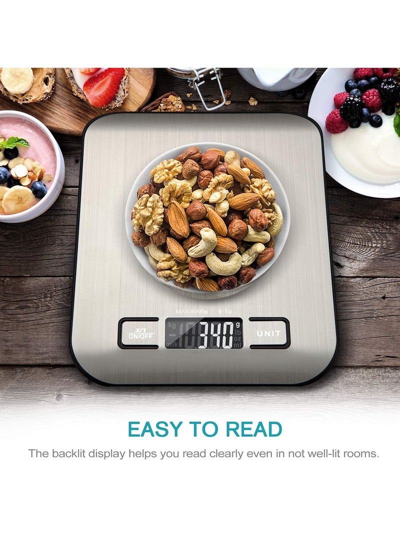 Space Digital Food Scale, High Precision Kitchen Scale, Measures in Grams and Ounces for Cooking and Baking, 5 Units with Tare Function, Stainless Surface, Rechargeable - Silver - Image 3