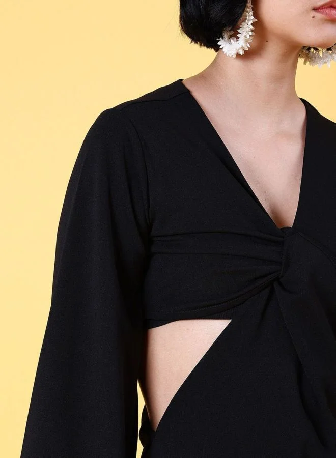 مرفوعة Women Regular Fit Solid V-Neck Long Sleeve Knot Dress