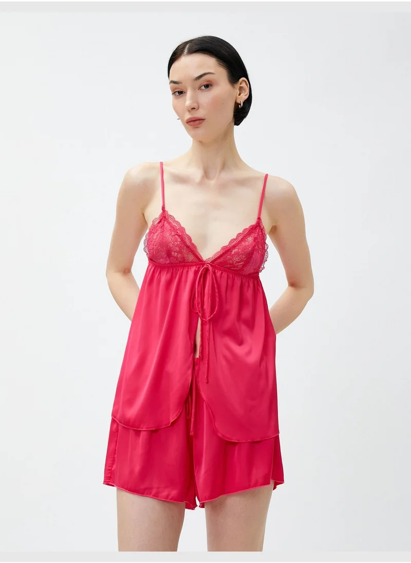 KOTON Satin Spaghetti Strappy Lacy Babydoll