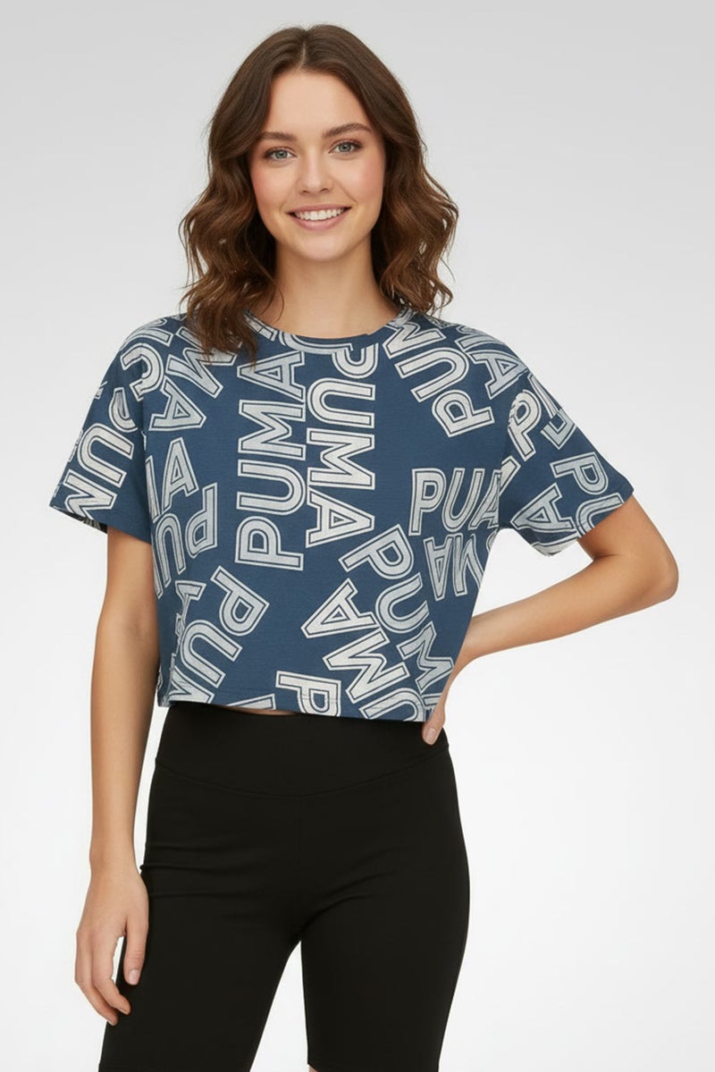 PUMA تي شيرت تدريب قصير الأكمام للنساء، أزرق رمادي - Image 1