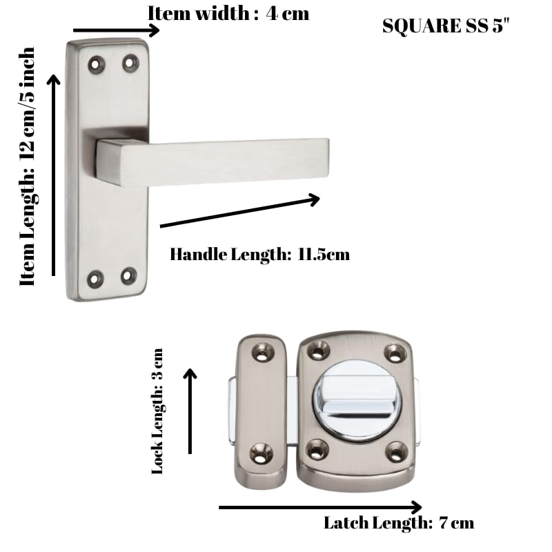 SARDAR Square 5" Stainless Steel Iron Bathroom Door Handle Set with Keyless Baby Latch/Tower Bolt/Push to Close Latch, Pull Handle - Image 2