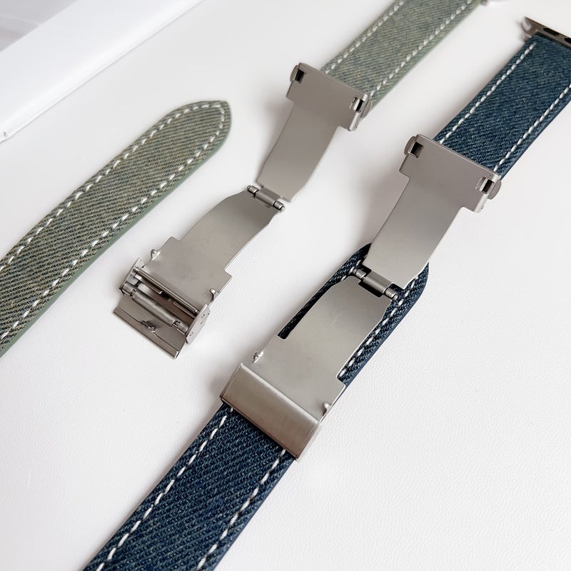 Vintage Denim Apple Watch Band Compatible 42mm 44mm 45mm 49mm Dark Blue Metal Buckle White Reinforced Stitching - Image 3