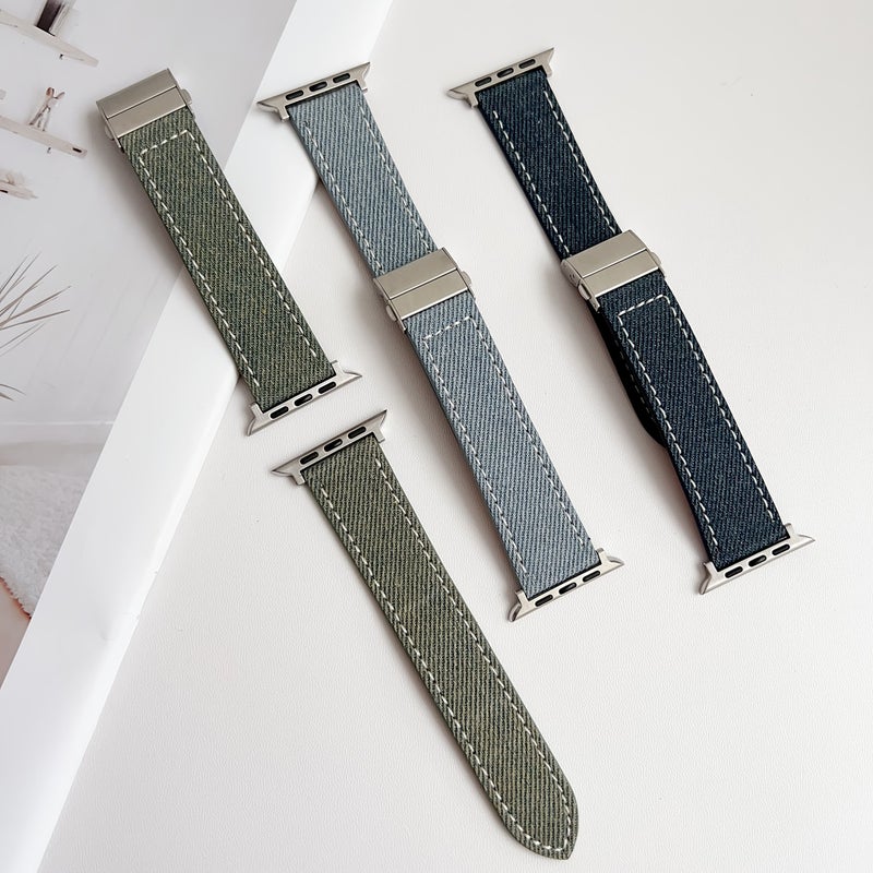 Vintage Denim Apple Watch Band Compatible 42mm 44mm 45mm 49mm Dark Blue Metal Buckle White Reinforced Stitching - Image 4