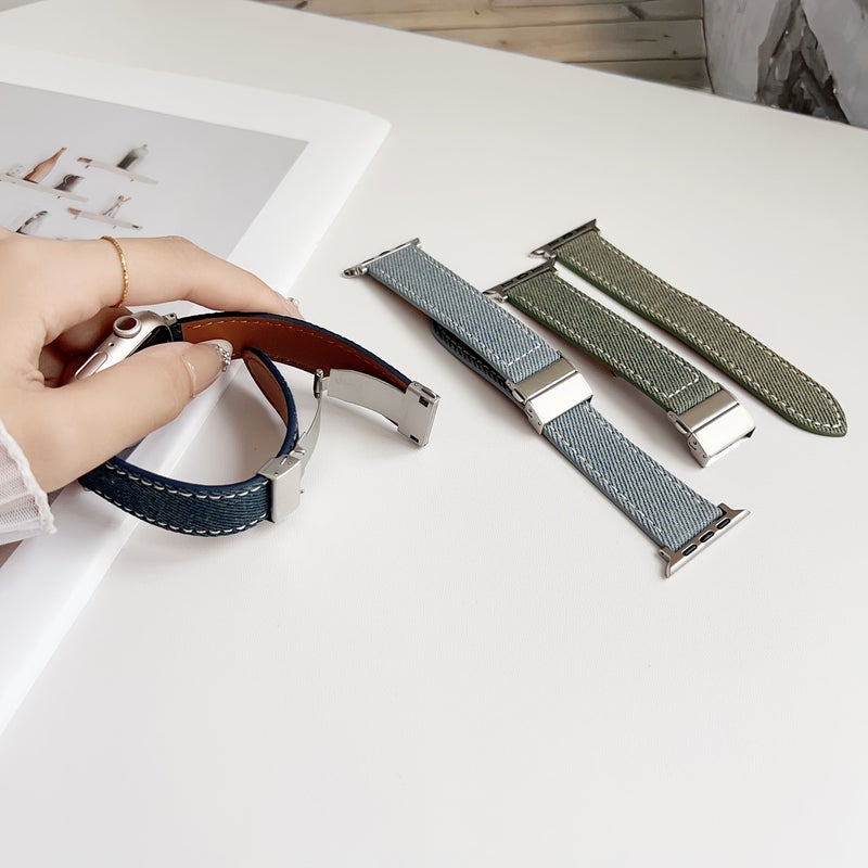 Vintage Denim Apple Watch Band Compatible 42mm 44mm 45mm 49mm Dark Blue Metal Buckle White Reinforced Stitching - Image 1