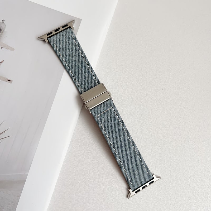 Vintage Denim Apple Watch Band Compatible 42mm 44mm 45mm 49mm Dark Blue Metal Buckle White Reinforced Stitching - Image 5