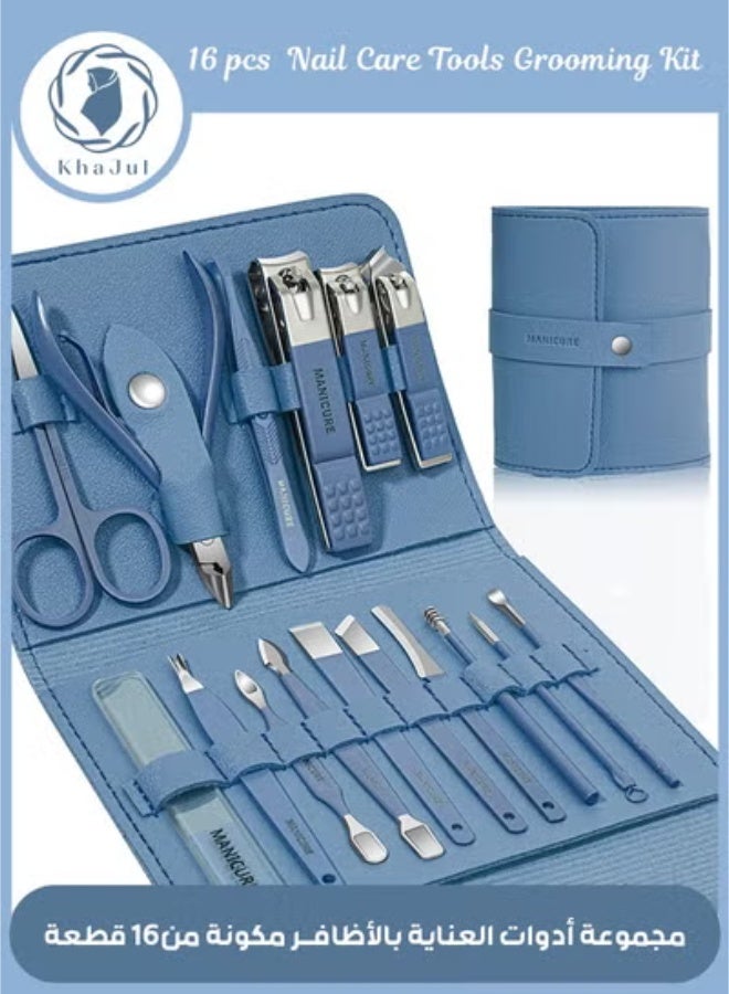 KHAJUL 16 PCS Professional Manicure Nail Clippers Set,  Stainless Steel Nail Care Tools, Grooming Kit with Luxurious Travel Leather Case (Blue) - Image 1