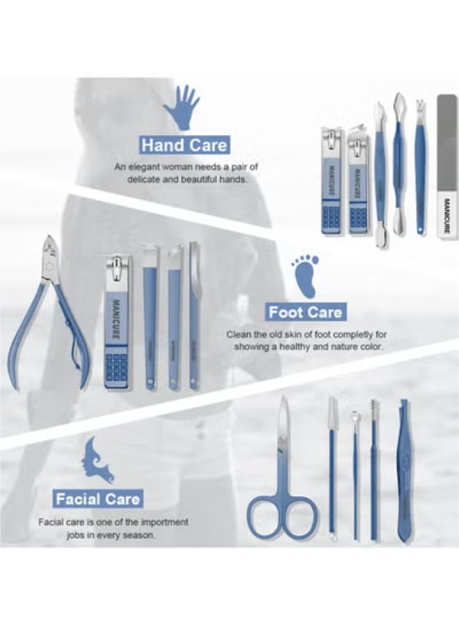 KHAJUL 16 PCS Professional Manicure Nail Clippers Set,  Stainless Steel Nail Care Tools, Grooming Kit with Luxurious Travel Leather Case (Blue) - Image 2