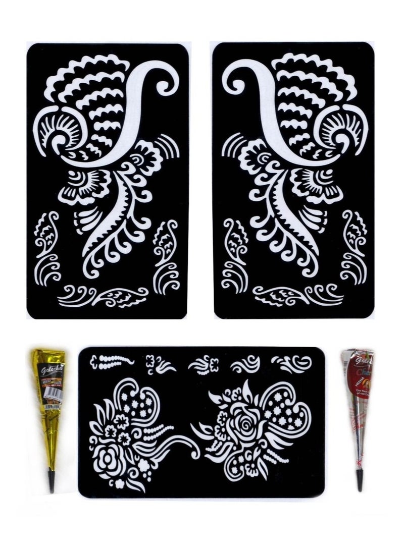 Golecha - Henna Mehndi Stencil/Templates Temporary Tattoo Kit, Self Adhesive Mehndi Sticker-black/cherry Mehandi cube with 3 Sticker-(2 Mehendi cube Black and cherry with 3 Tattoo Stickers.) - Image 1