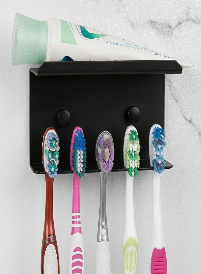 Linkidea Wall Mounted Toothbrush Holder for Shower, Aluminum Self-Adhesive 5 Slots Tooth Brush and Toothpaste Organizer Hanger Compatible with Colgate Extra Clean, Oral-B CrossAction (Black) - Image 1