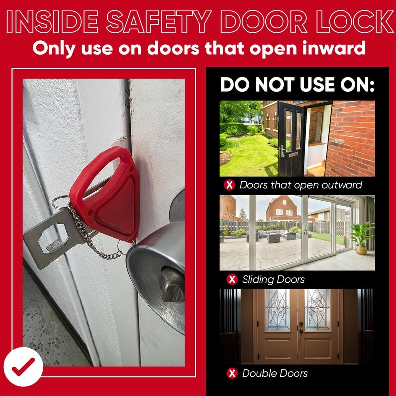 Moneek's Hardware Portable Door Lock Extra Security Essential Safety & Privacy Travel Lockdown, Prevent Entry Stopper, Protect Family While Traveling Home Bedroom Hotel Apartment College (1 Red) - Image 2