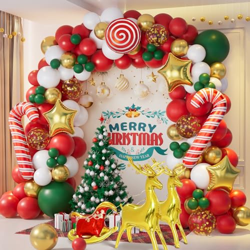 AobkDeco 138PCS Christmas Balloon Garland Arch Kit With Red Green Gold White Balloons Candy Balloon Sequin Balloons Moose Sleigh Balloon for Christmas Party Decorations Supplies - Image 1