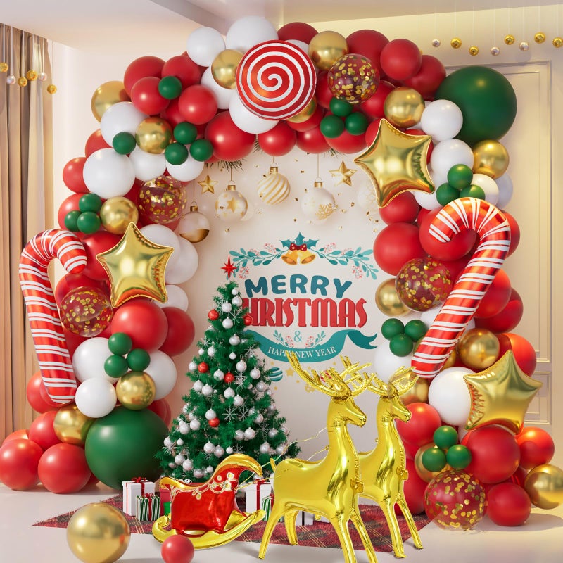AobkDeco 138PCS Christmas Balloon Garland Arch Kit With Red Green Gold White Balloons Candy Balloon Sequin Balloons Moose Sleigh Balloon for Christmas Party Decorations Supplies - Image 3