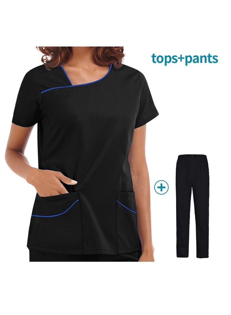 Loquat Womens Medical Uniform Scrubs 2 Piece Set Top and Elastic Waist Pants Suit Black - Image 1