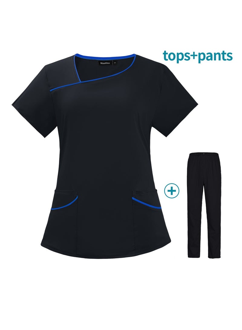 Loquat Womens Medical Uniform Scrubs 2 Piece Set Top and Elastic Waist Pants Suit Black - Image 2