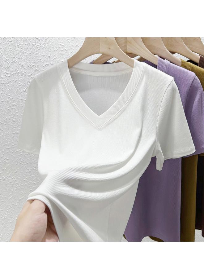V-neck T-shirt Women's Short-sleeved Solid Color Summer New Basic All-match Simple Modal Threaded Top For Women