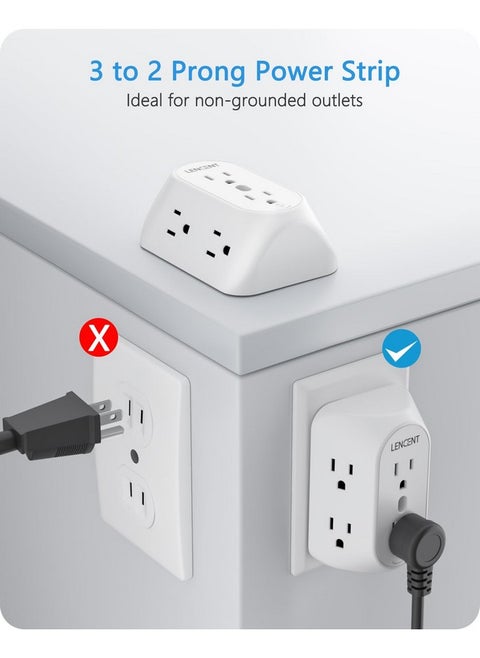LENCENT 2 Prong Power Strip, 3 to 2 Prong Grounding Outlet Adapter, Polarized Plug, Surge Protector, 3-Sided 6 Outlet Widely Spaced Extender, Mountable Wall tap for Non-Grounded Outlets, 2 Packs