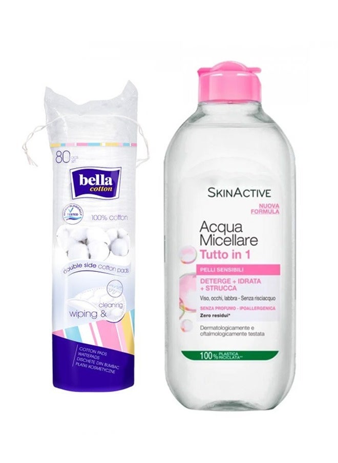 Bella - Pack Of 2 Cotton Pad with SkinActive Micellar Cleansing Water Clear 400 ml - Image 1