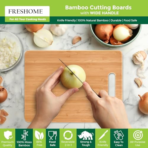 Freshome Large Natural Bamboo Wood Chopping Cutting Board Set of 3 for Kitchen Vegetables, Fruits & Cheese, BPA Free, Eco-Friendly, Anti-Microbial Durable and Easy to Clean - Image 4