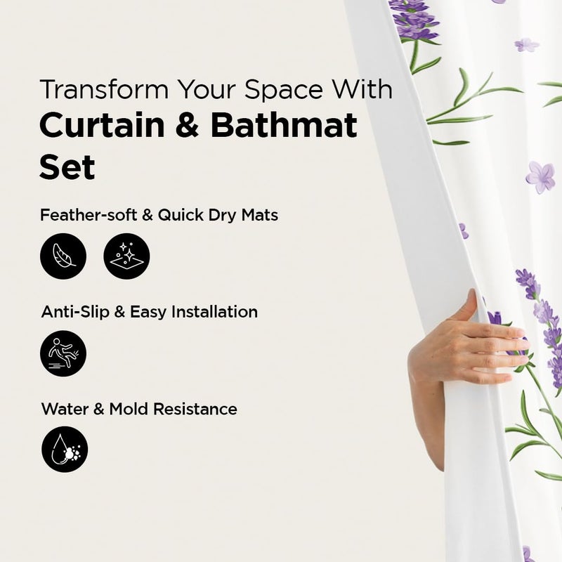 Umai UMAI Shower Curtain (180X180 cm) & Bathmat 3 Pcs Set|6ft|Creative Vibrant Coloured Polyster Curtain Sets with Non-Slip Bath mats for Bathroom|Easy-Slide Curtains|Quick Dry,Soft Mats  - Image 2