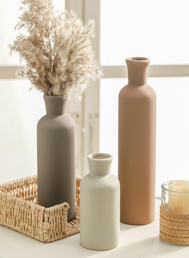 ooit Vase Set of 3, Ceramic Vases Neutral Modern Vases Home Decor Rustic Farmhouse Decor Flowers Pampas Vase for Table Mantel Entryway Shelf Living Room Kitchen Bathroom - Brown - Image 5
