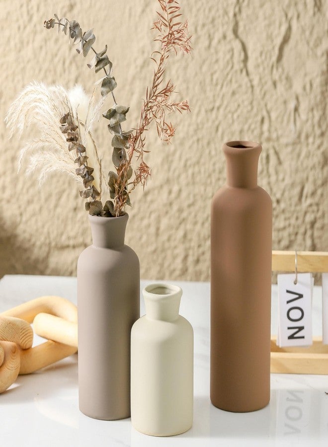 ooit Vase Set of 3, Ceramic Vases Neutral Modern Vases Home Decor Rustic Farmhouse Decor Flowers Pampas Vase for Table Mantel Entryway Shelf Living Room Kitchen Bathroom - Brown - Image 4