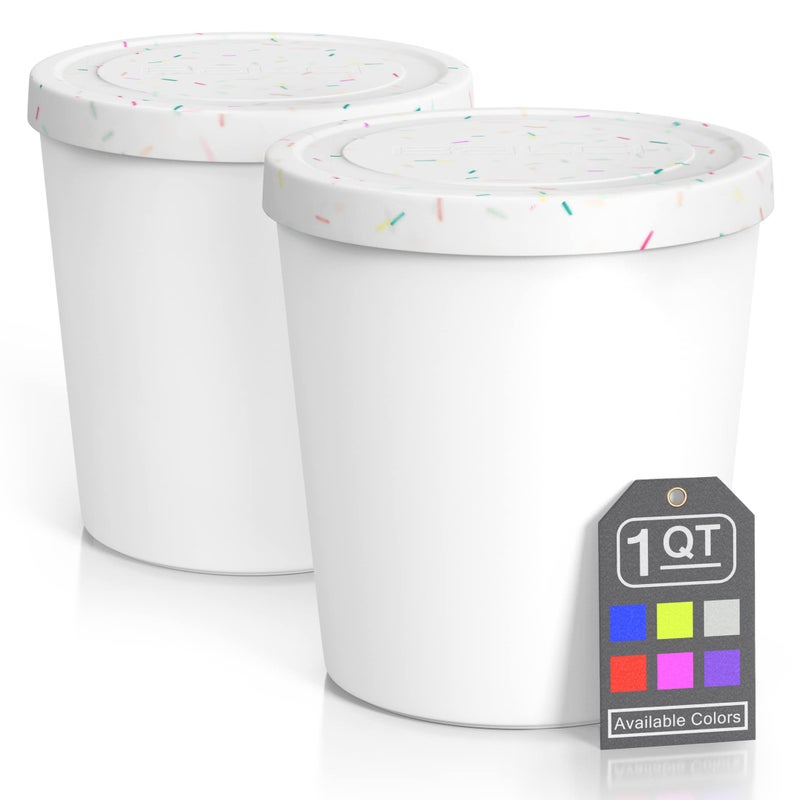 BALCI  Premium Ice Cream Containers 2 Pack  1 Quart Each Perfect Freezer Storage Tubs with Lids for Ice Cream Sorbet and Gelato  White With Sprinkles