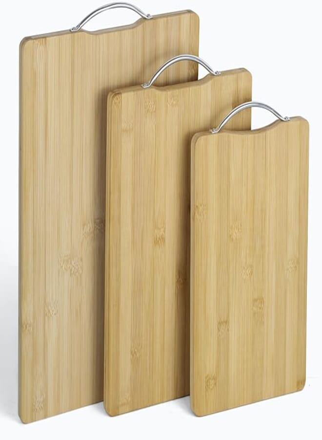 SKY-TOUCH Bamboo Wood Cutting Boards Set of 3, Small, Medium, Large,Set,Serving Board with Easy-Grip Handle,Non-Slip Wooden Double-Side Using for Meat, Cheese, Fruits & Bread