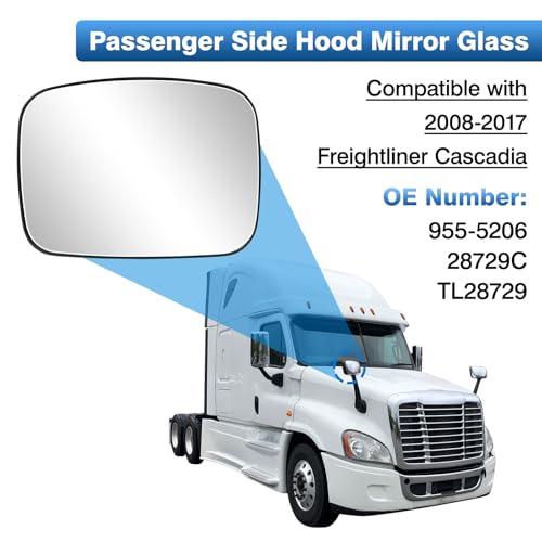 TOP-MAX Hood Mirror Glass Passenger Side Compatible with 2008-2017 Freightliner Cascadia, Semi Trucks Hood Mirror Assembly, Wide Angle Convex Glass with Backing Plate - Image 2