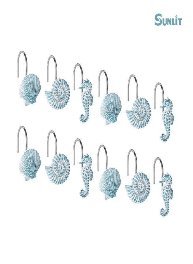 Sunlit 12-Piece Aqua Blue Resin Shower Curtain Hooks, Ocean Creatures Coastal Design, Nautical Bathroom Decoration - Image 2