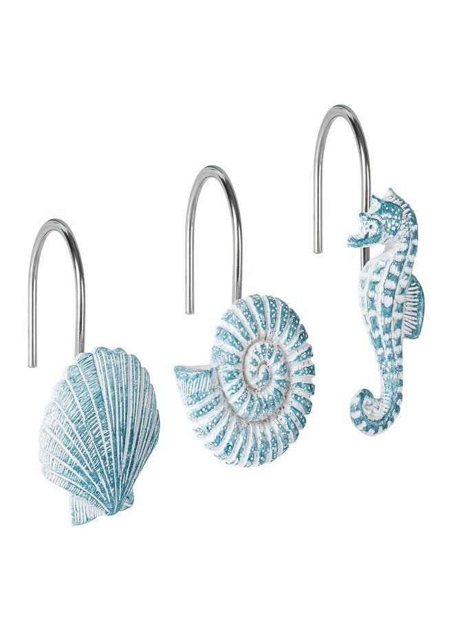 Sunlit 12-Piece Aqua Blue Resin Shower Curtain Hooks, Ocean Creatures Coastal Design, Nautical Bathroom Decoration - Image 1