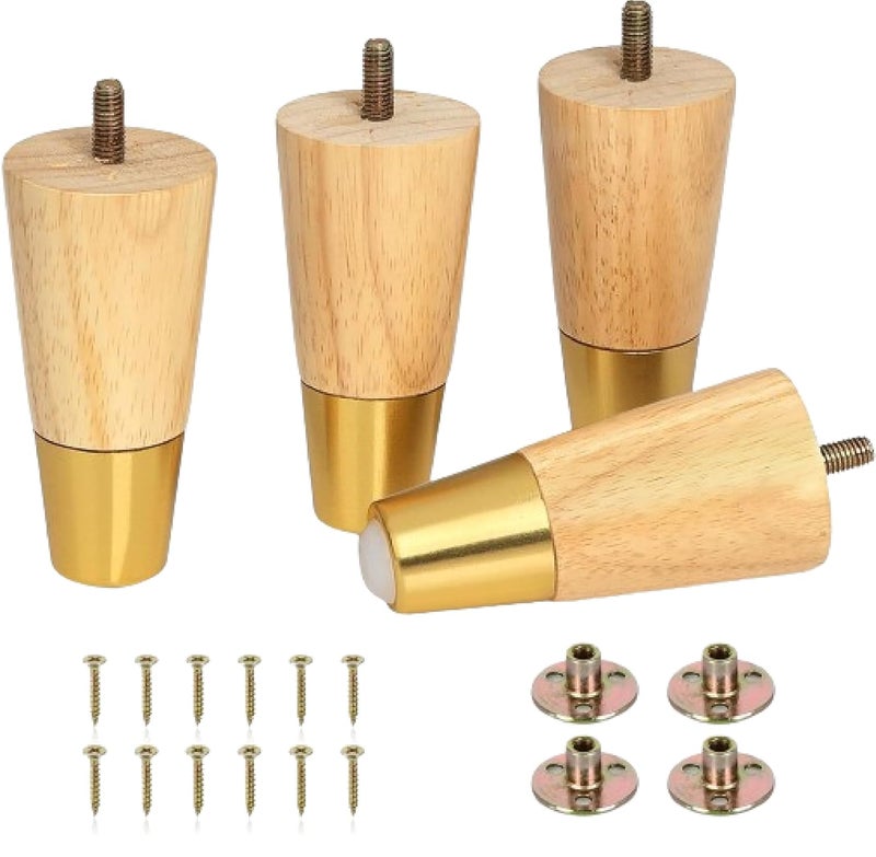 QZibeva Set 4 Pcs Oak Wood Furniture Legs 4 Inch Sofa Leg with Gold Caps M8 Bold Style - Image 2