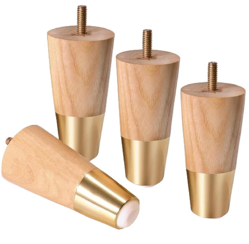 QZibeva Set 4 Pcs Oak Wood Furniture Legs 4 Inch Sofa Leg with Gold Caps M8 Bold Style - Image 3