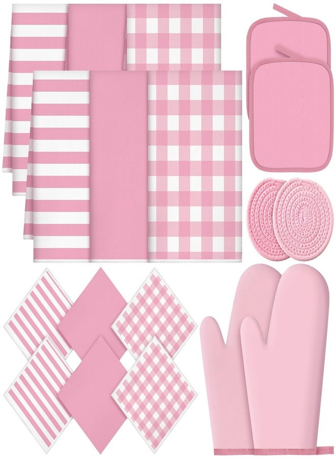 Sratte 18 Pcs Pink Kitchen Decor Accessories Set Oven Mitts Pot Holders Kitchen Towels Dishcloths Oven Gloves Dish Towels Heatproof Potholders Pink and White Striped Gingham Plaid for Baking Cooking - Image 1