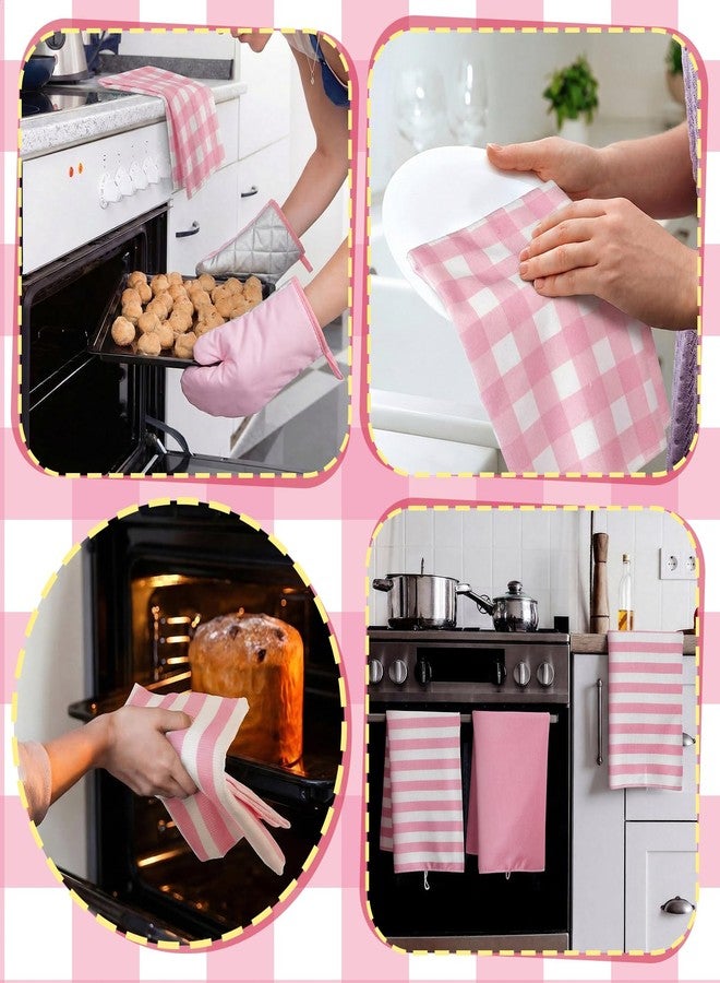 Sratte 18 Pcs Pink Kitchen Decor Accessories Set Oven Mitts Pot Holders Kitchen Towels Dishcloths Oven Gloves Dish Towels Heatproof Potholders Pink and White Striped Gingham Plaid for Baking Cooking - Image 5